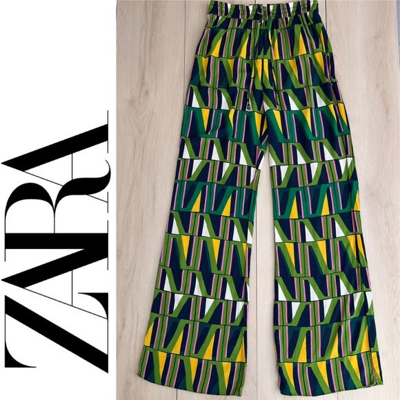 Zara Geometric Green Yellow Pink Print Palazzo Pants w/ Pockets M 60's Aesthetic - Picture 1 of 15